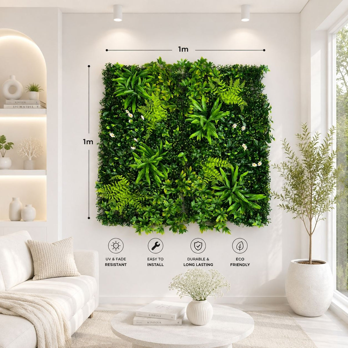 A square artificial green wall garden mounted on a white wall in a bright living room. The product is shown with dimension arrows labeled 1m by 1m, plus feature icons below for UV and fade resistance, easy install, durable and long-lasting, and eco friendly.