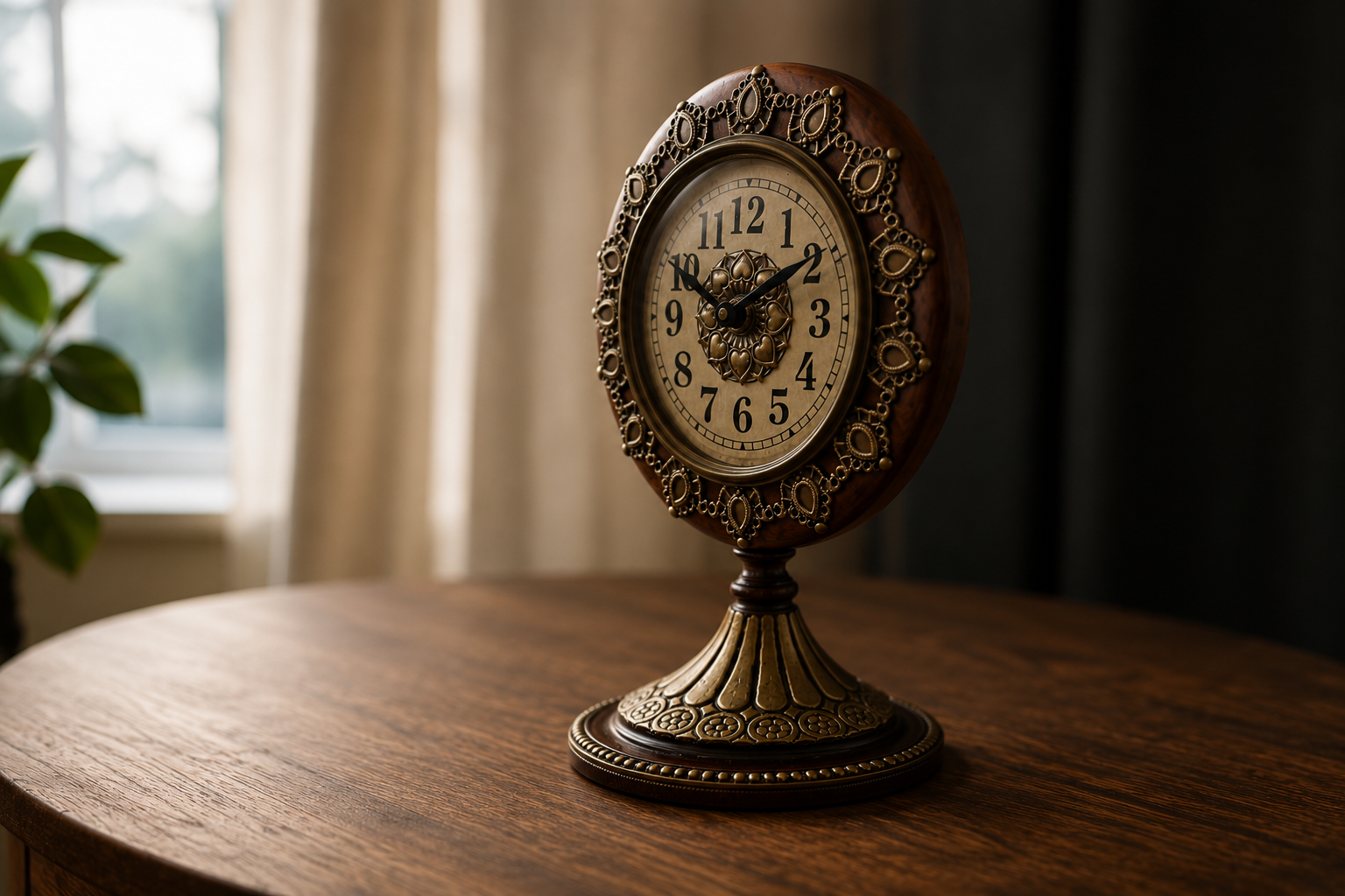 Antique Brass & Wood Vintage Pedestal Table Clock – Ornate Home Décor