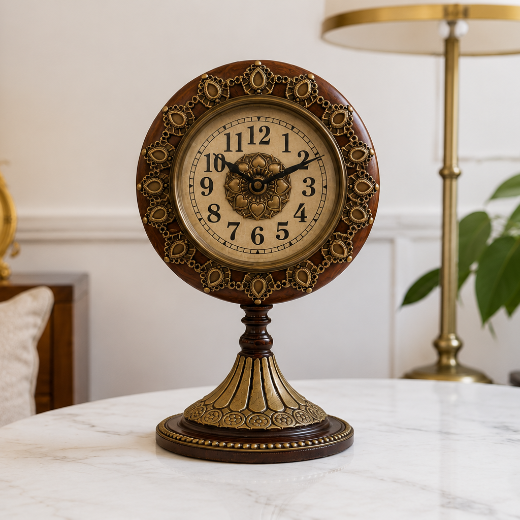 Decorative clock on a marble table with a lamp and painting in the background
