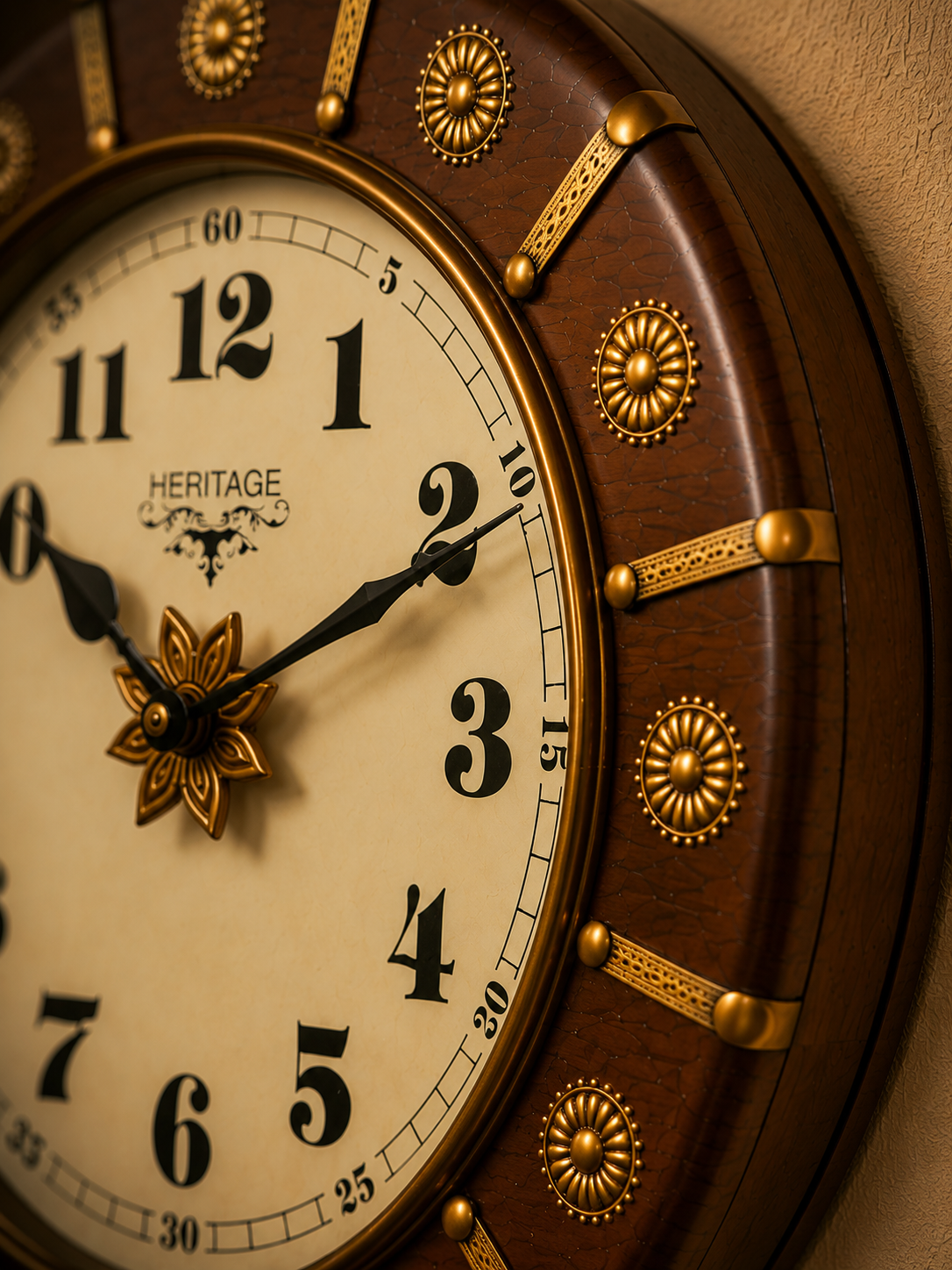 Heritage Round Wall Clock – Antique Brass Rosette Wood Frame