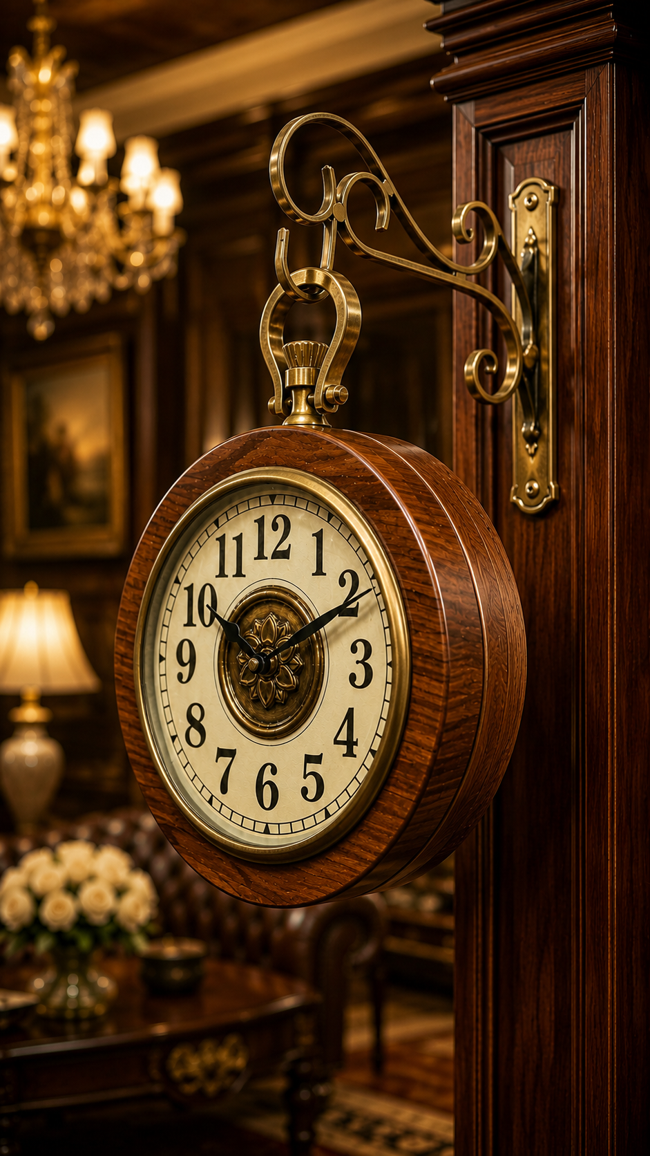Heritage Hanging Bracket Wall Clock – Antique Brass & Wood