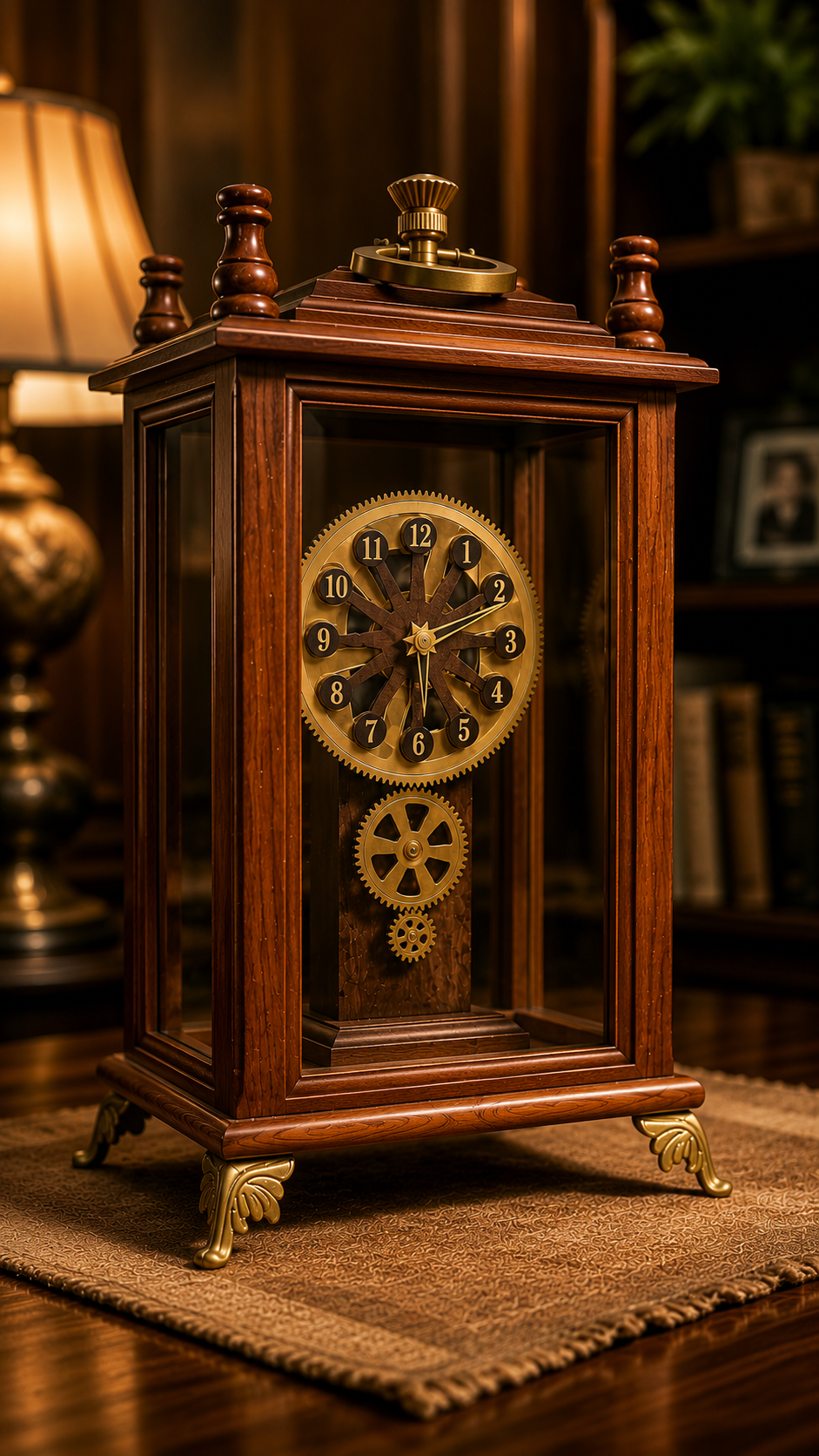 Heritage Glass Case Gear Mantel Clock – Steampunk Wood & Brass