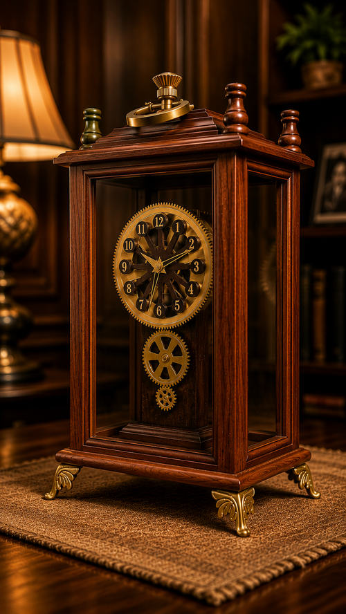 Heritage Glass Case Gear Mantel Clock – Steampunk Wood & Brass