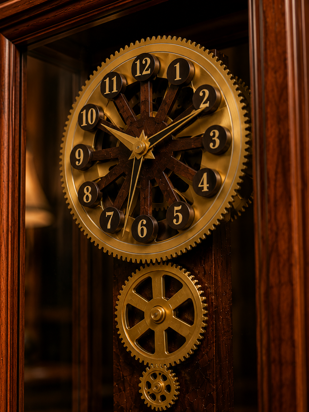 Heritage Glass Case Gear Mantel Clock – Steampunk Wood & Brass