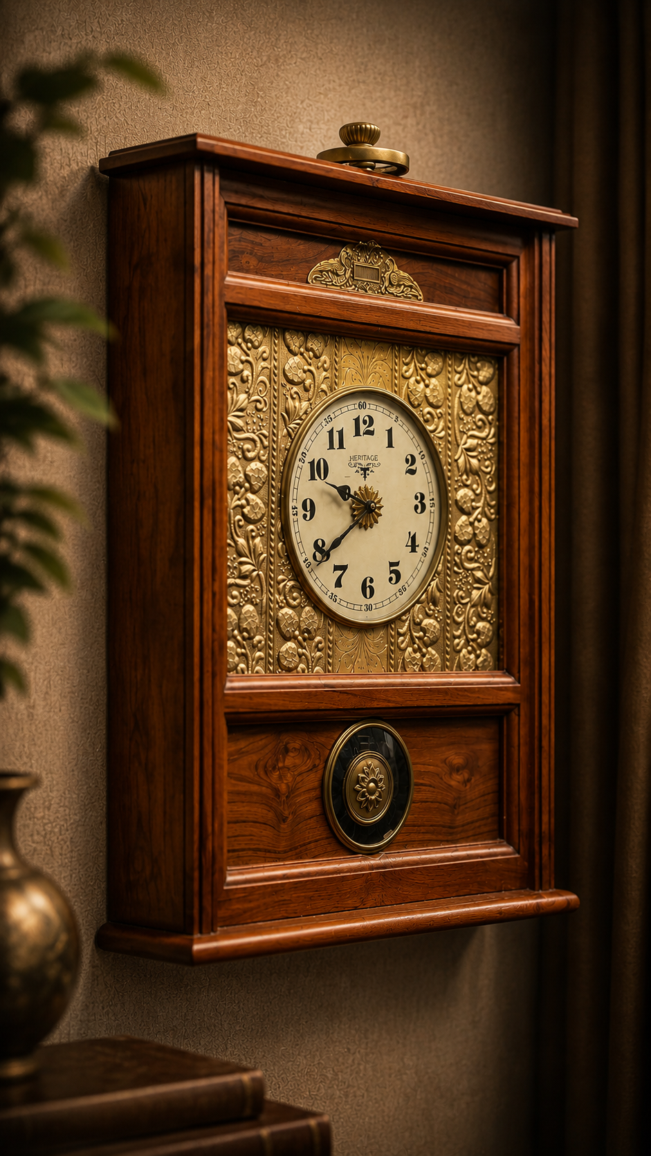 Heritage Wall Box Clock – Ornate Brass Panel & Wood Vintage