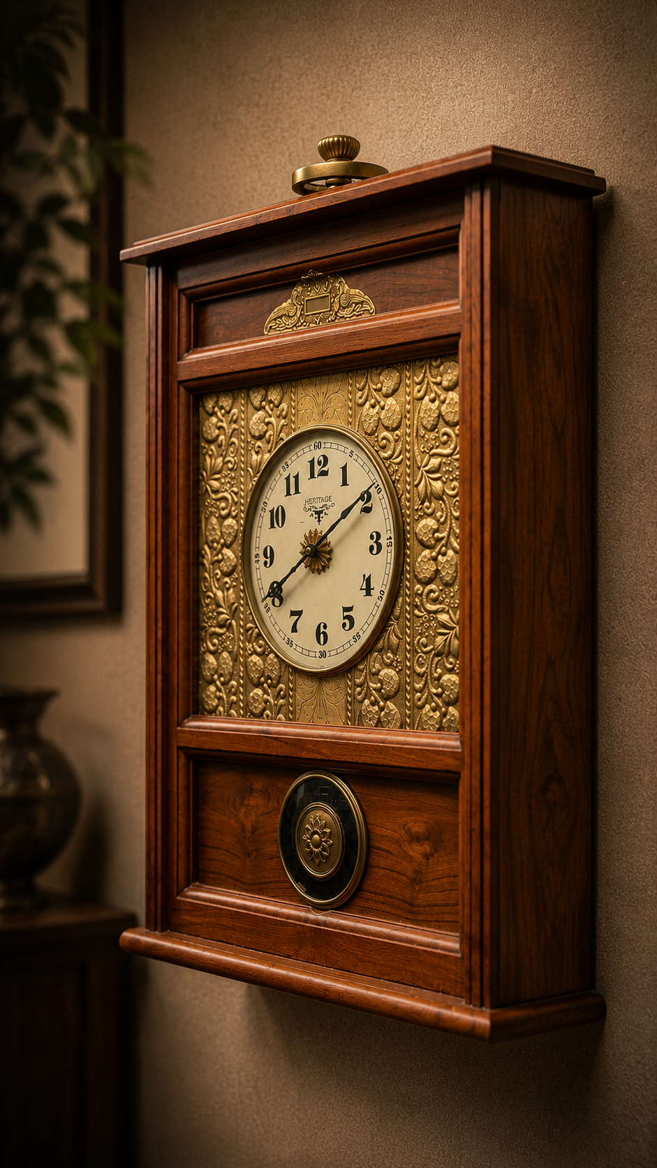 Heritage Wall Box Clock – Ornate Brass Panel & Wood Vintage