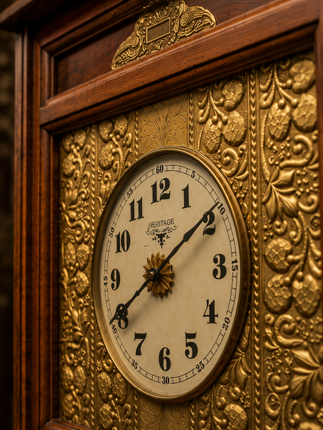 Heritage Wall Box Clock – Ornate Brass Panel & Wood Vintage