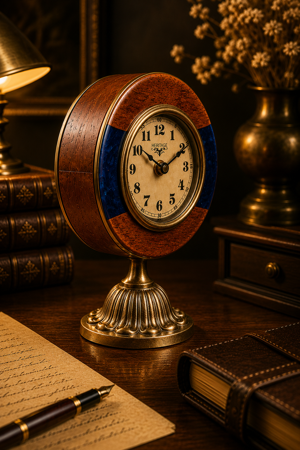 Heritage Pedestal Table Clock – Royal Blue & Wood Vintage Décor