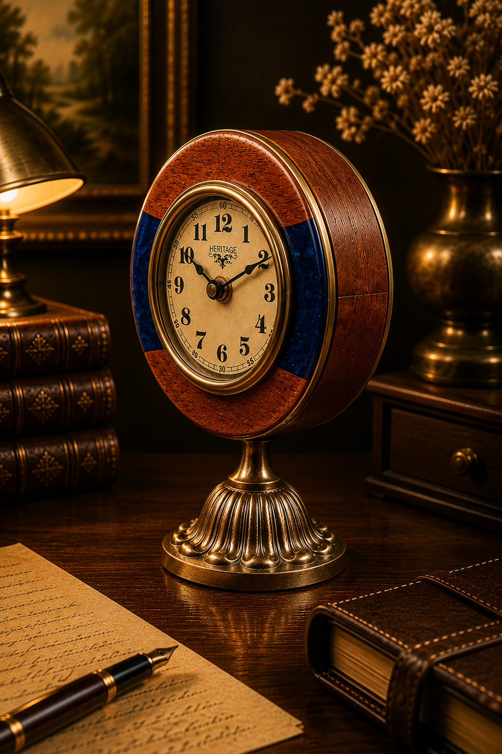 Heritage Pedestal Table Clock – Forest Green & Wood Vintage Décor