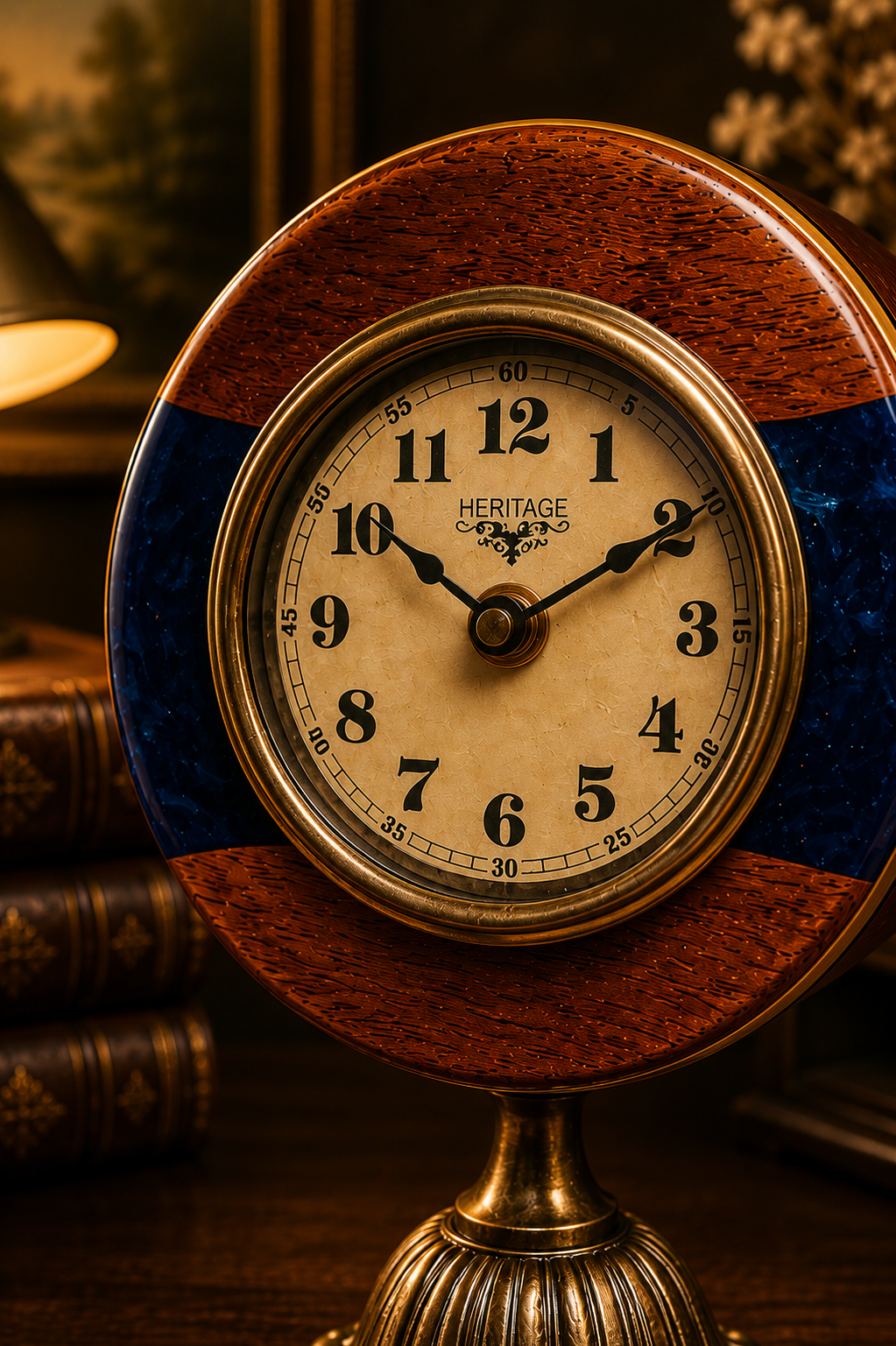 Heritage Pedestal Table Clock – Royal Blue & Wood Vintage Décor