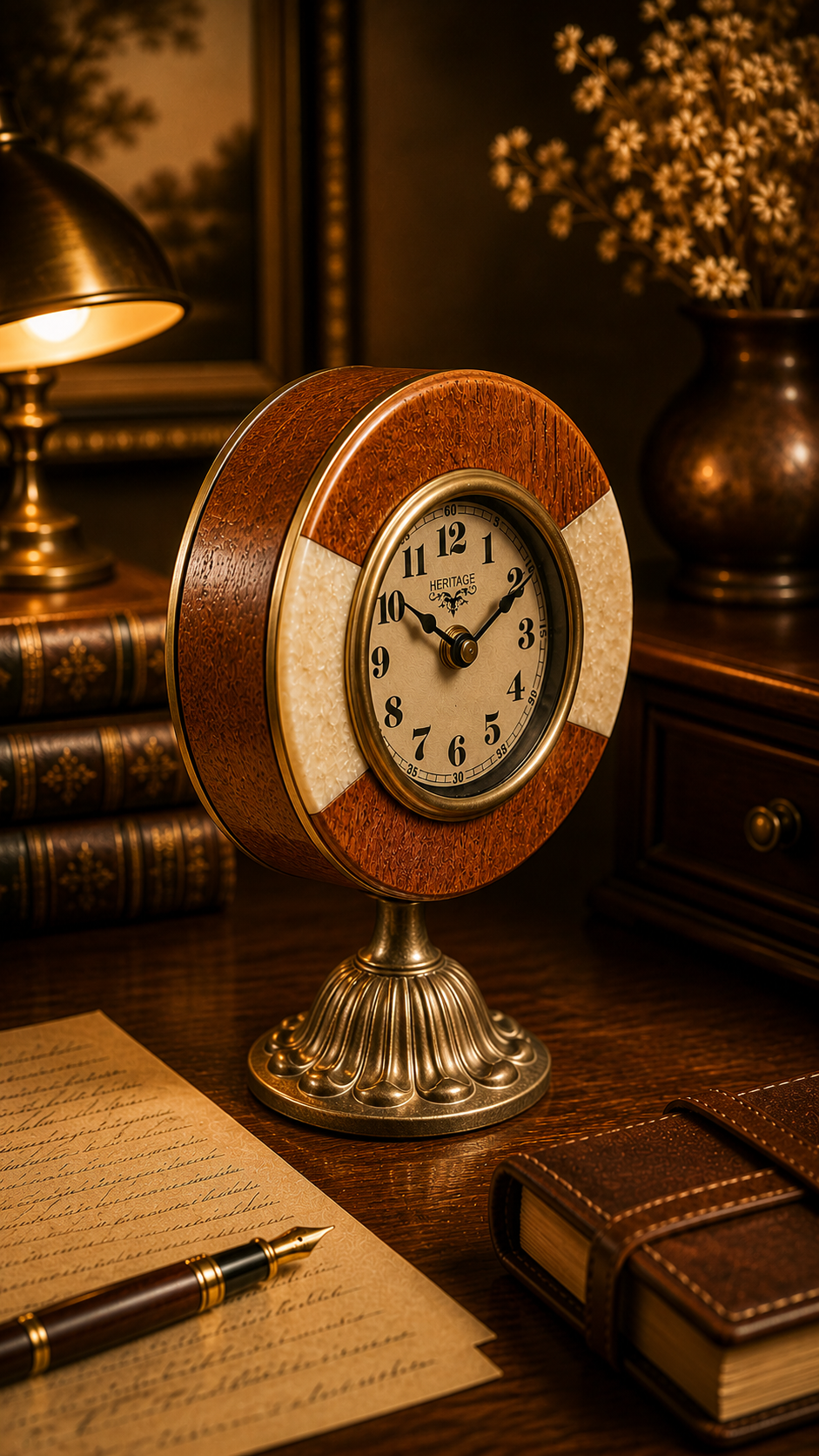 Heritage Pedestal Table Clock – Ivory & Wood Vintage Décor