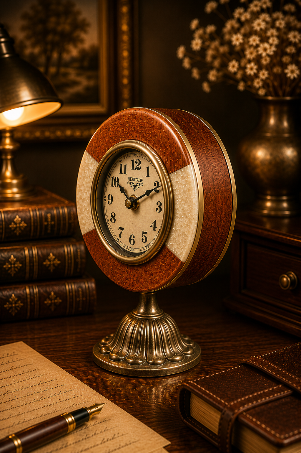 Heritage Pedestal Table Clock – Ivory & Wood Vintage Décor