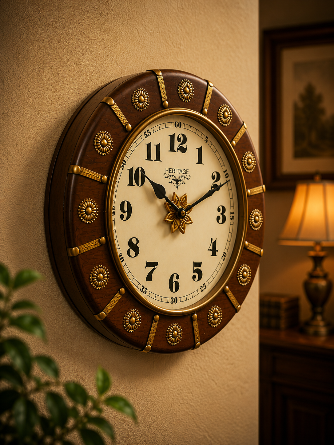 Heritage Round Wall Clock – Antique Brass Rosette Wood Frame
