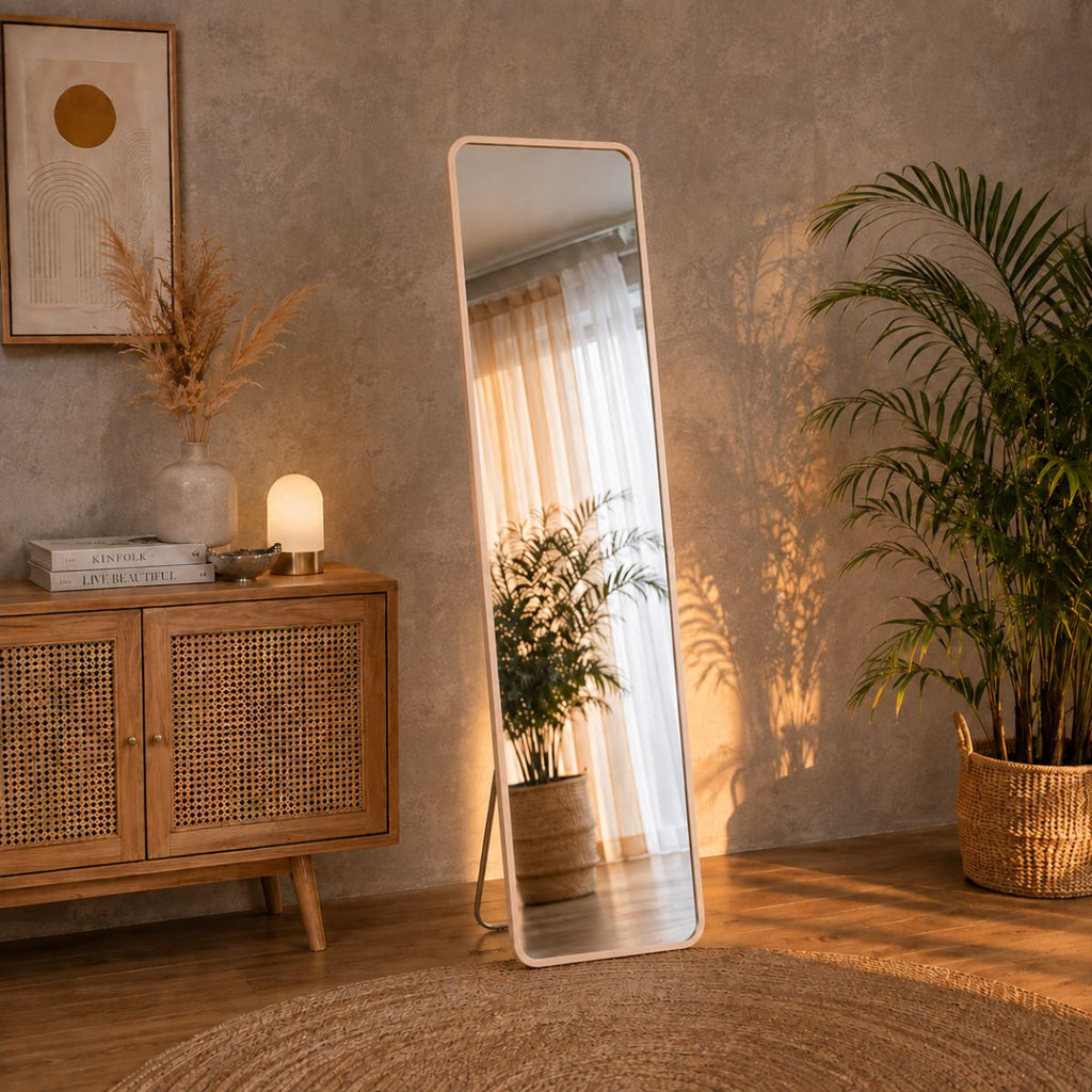 A tall rectangular floor mirror with a slim beige frame stands in a warm, styled room corner.