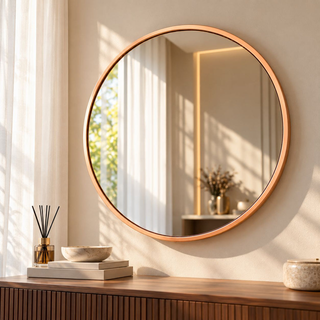 A large round wall mirror with a warm copper-toned frame hangs on a beige wall above a wooden console table. The mirror reflects a softly lit interior with curtains and a vase, while the room itself is styled with a reed diffuser, books, and a bowl.