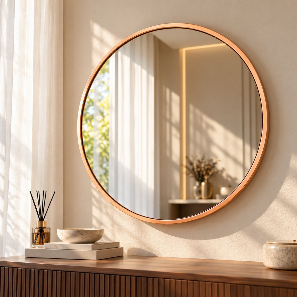 A large round wall mirror with a warm copper-toned frame hangs on a beige wall above a wooden console table. The mirror reflects a softly lit interior with curtains and a vase, while the room itself is styled with a reed diffuser, books, and a bowl.