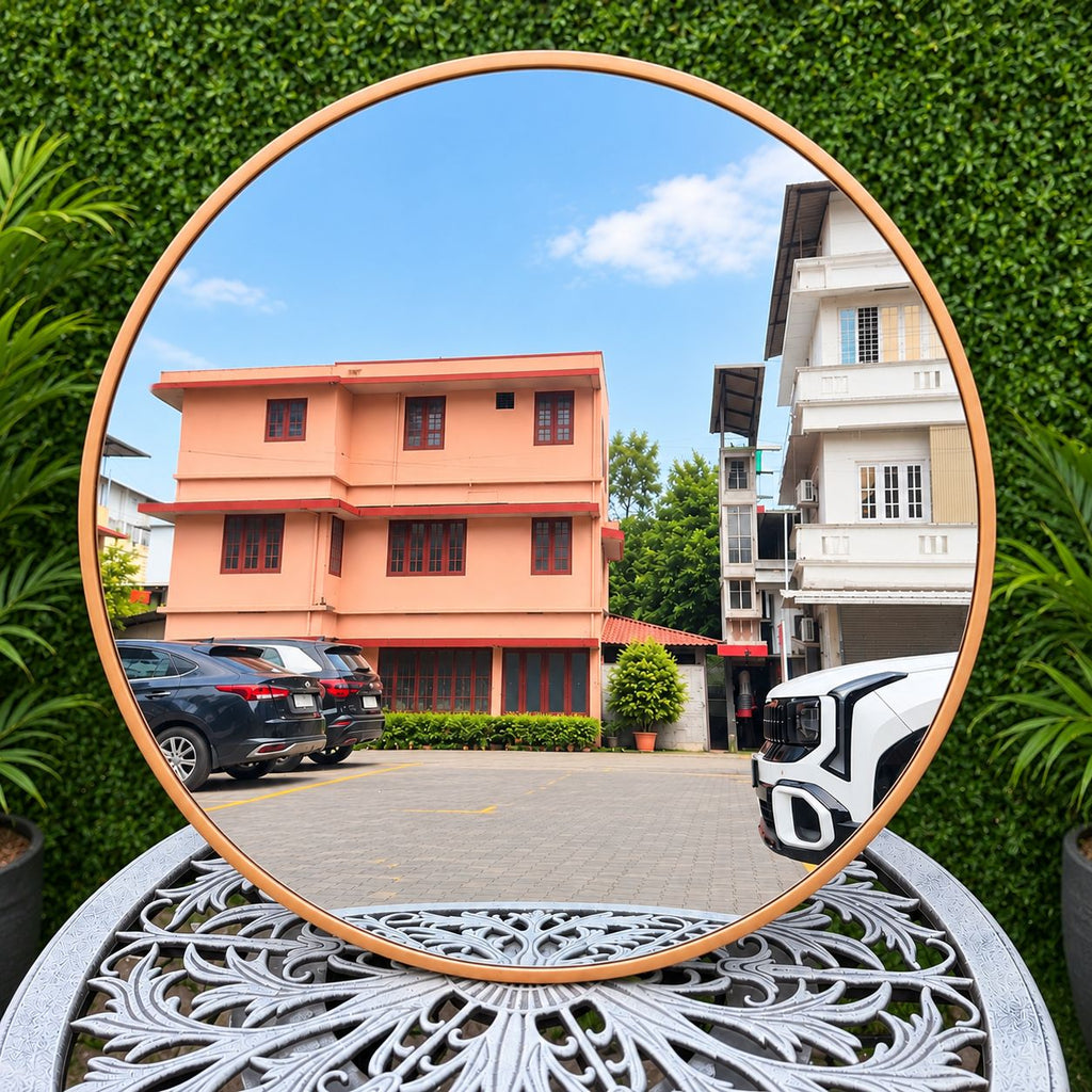 Round shaped decorative wall mirror beige colored frame