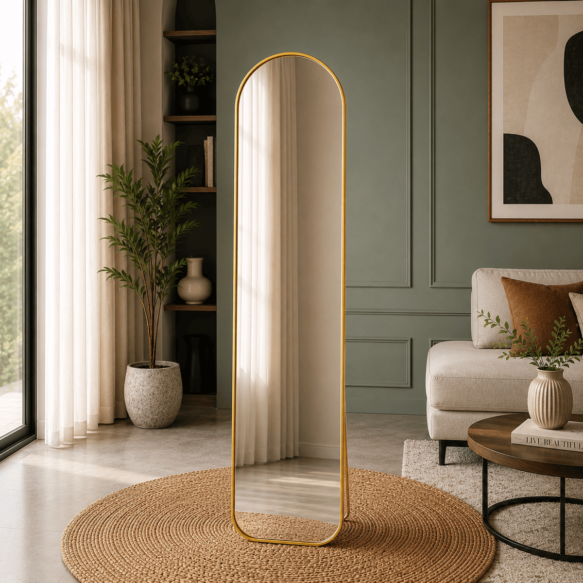 A full-length floor mirror with a slim golden colored metal frame and arched top