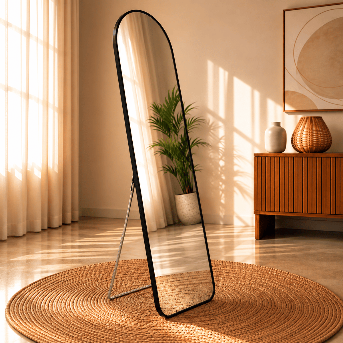 A full-length arched floor mirror with a slim black frame and a metal tripod stand