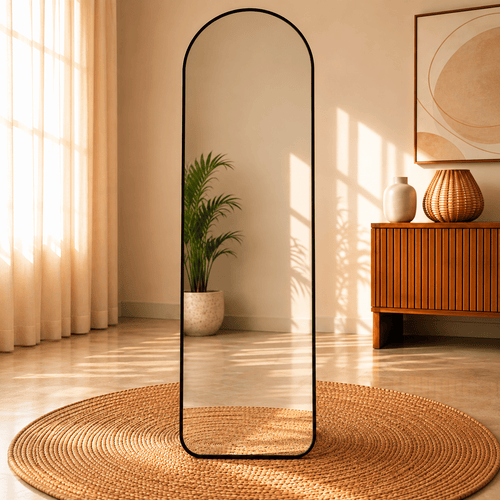 A full-length arched floor mirror with a slim black frame and a metal tripod stand