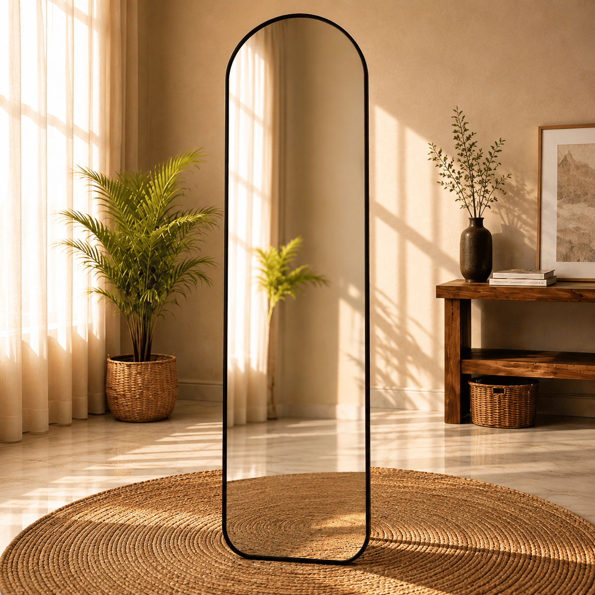 A full-length arched floor mirror with a slim black frame and a metal tripod stand