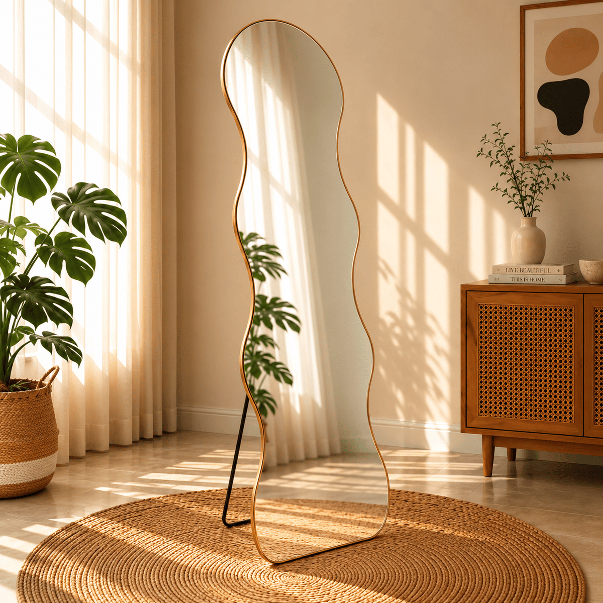 A wavy, organic-shaped full-length standing mirror with a gold metallic frame and a thin metal stand. Stylish full-length floor mirror for home decor