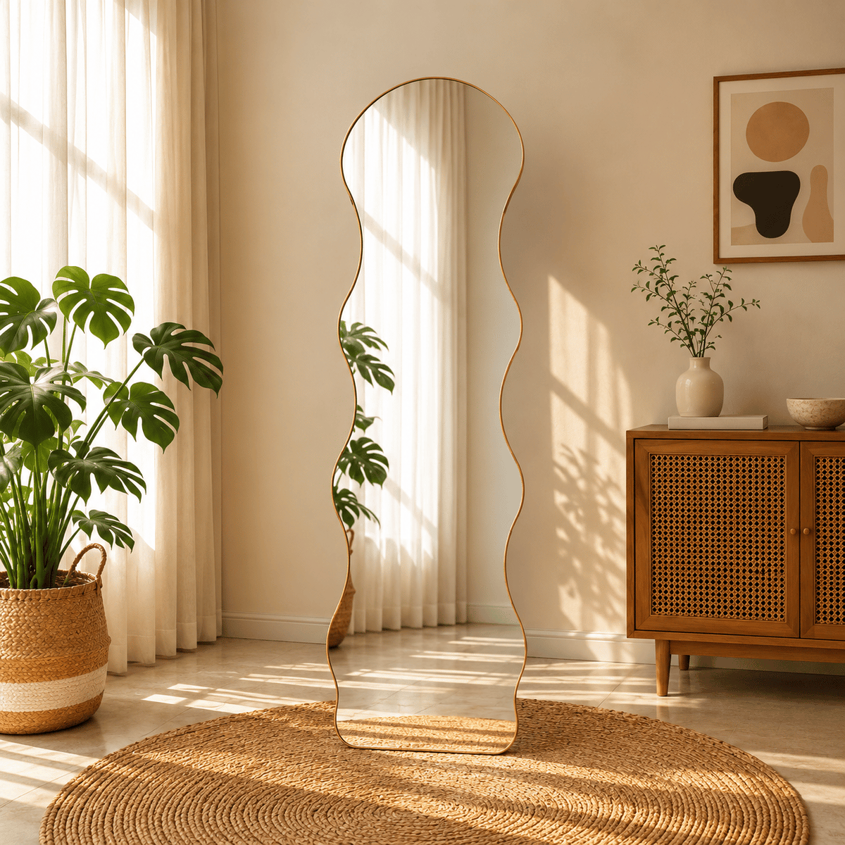 A wavy, organic-shaped full-length standing mirror with a gold metallic frame and a thin metal stand.