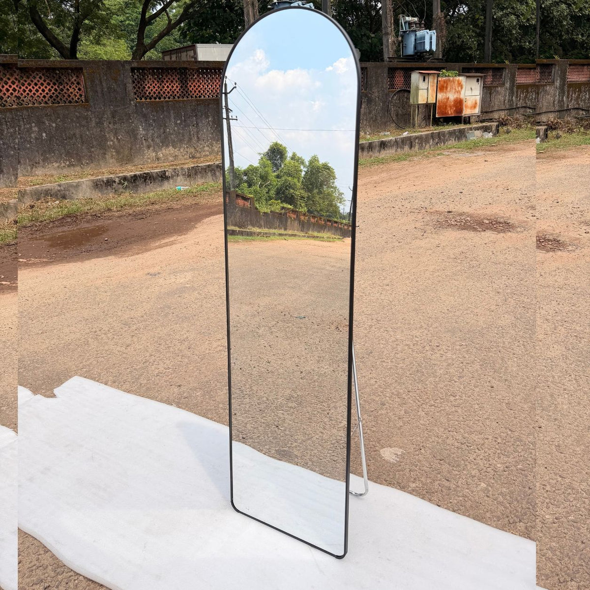 Arched Metal Floor Mirror with Stand.