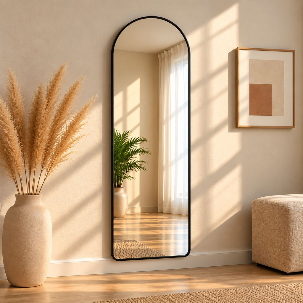 Arched Metal Floor Mirror with Stand (Black Frame) - 904 |  152CMx42CM