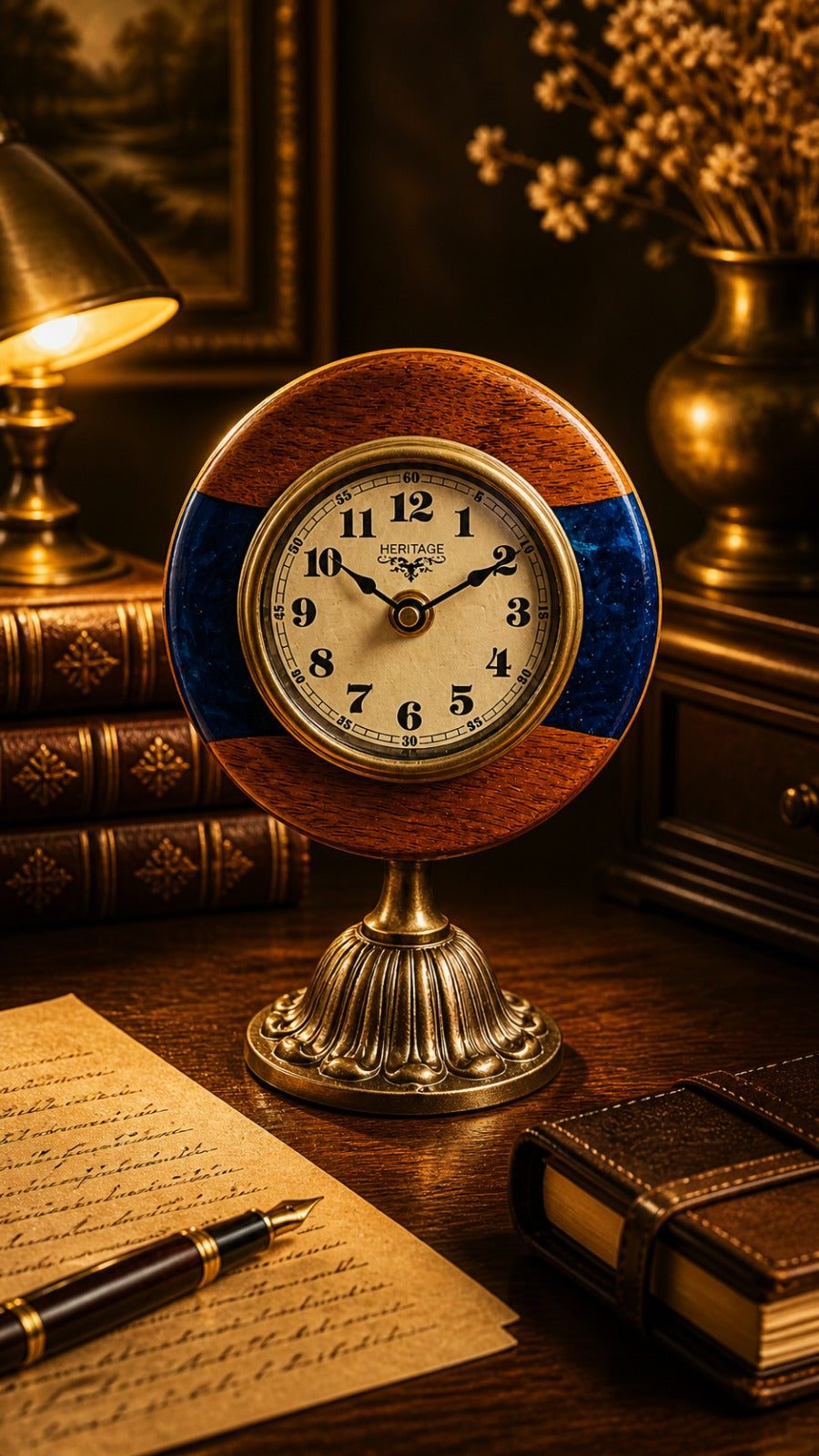 Vintage clock on a desk with books, a pen, and a lamp in a warm-toned setting.