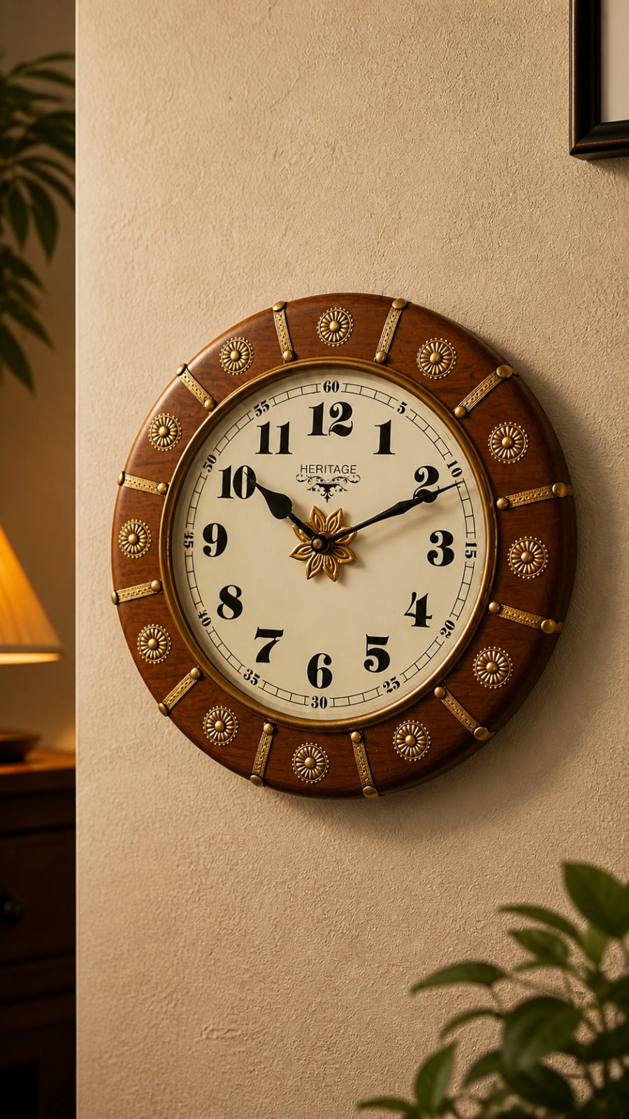 Heritage Round Wall Clock – Antique Brass Rosette Wood Frame