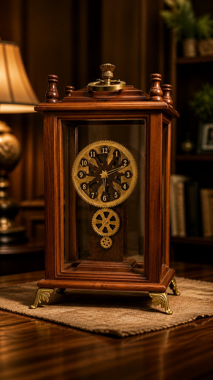 Heritage Glass Case Gear Mantel Clock – Steampunk Wood & Brass