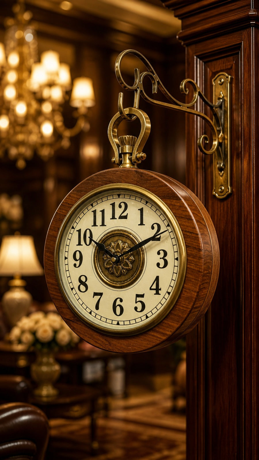 Heritage Hanging Bracket Wall Clock – Antique Brass & Wood