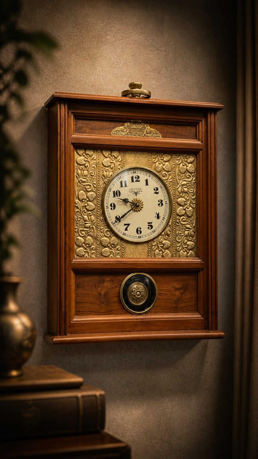 Heritage Wall Box Clock – Ornate Brass Panel & Wood Vintage