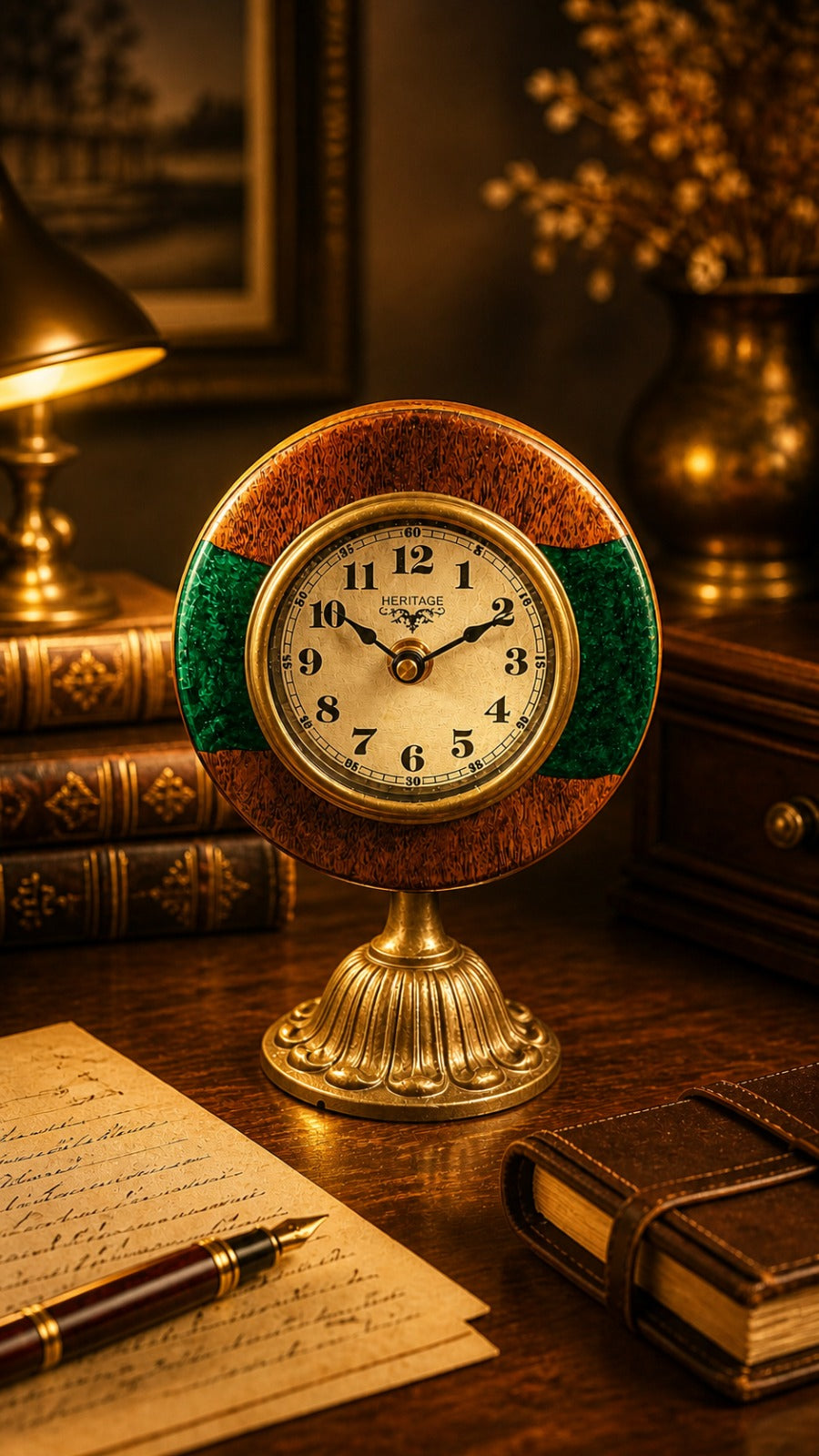 Heritage Pedestal Table Clock – Forest Green & Wood Vintage Décor