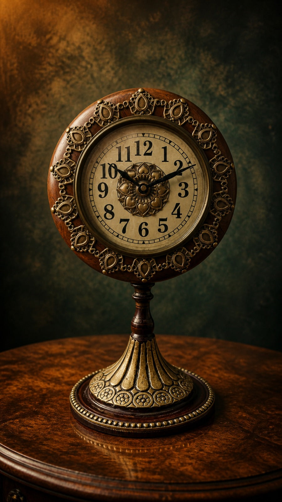 Antique Brass & Wood Vintage Pedestal Table Clock – Ornate Home Décor