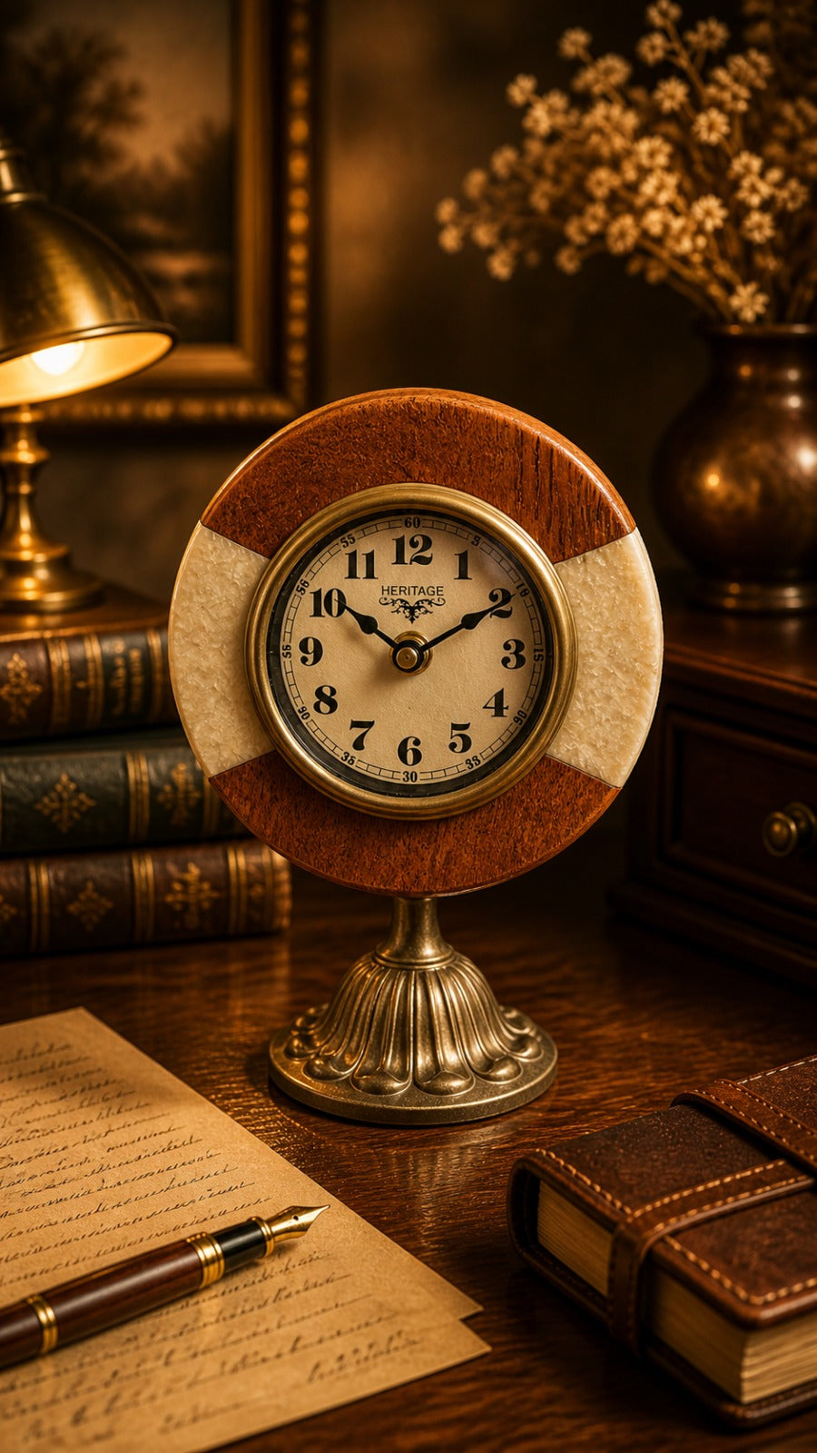 Wooden clock on a desk with books and a lamp in a warm, vintage setting